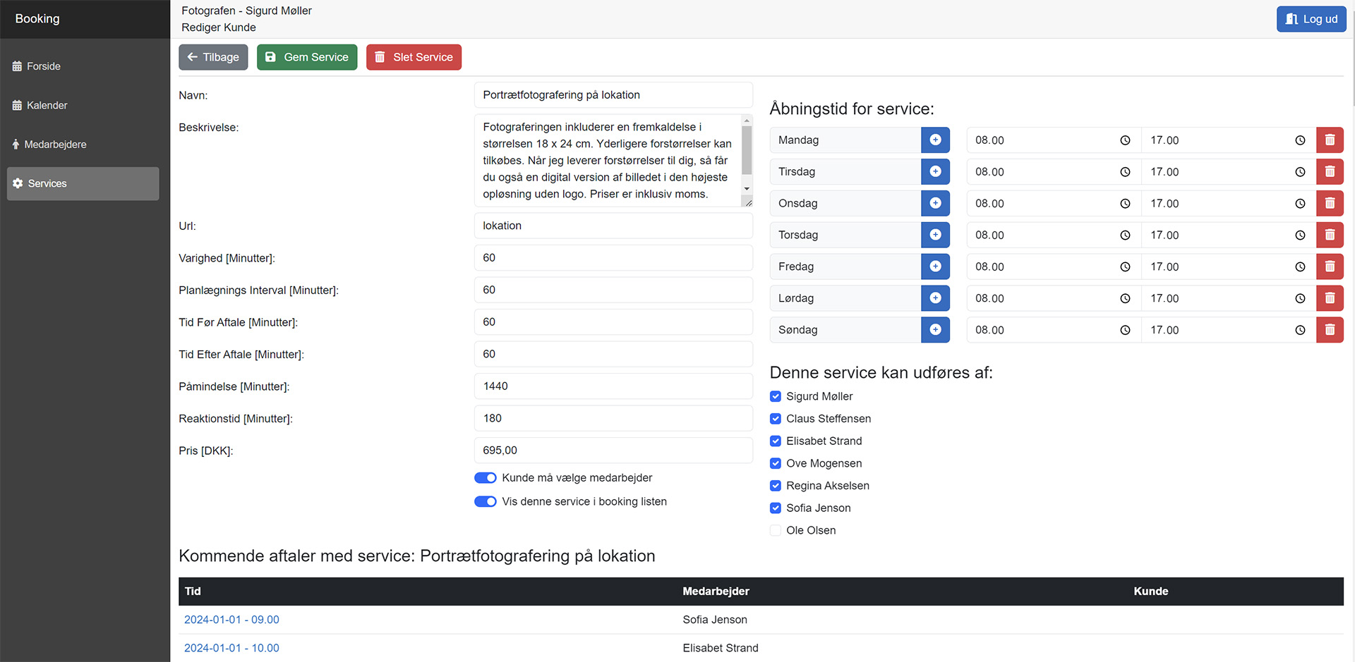 Online Booking, kalender visning